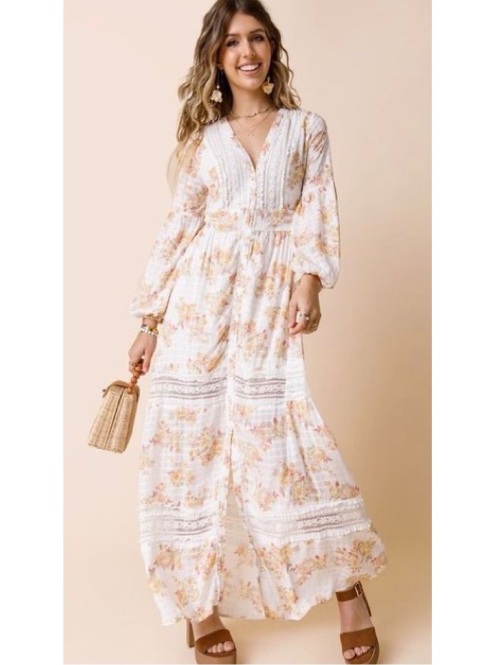 AUDREY PARKS FRANCESCA’S Floral Maxi Dress in Cream and Yellow - Boho V-Neck